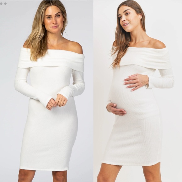 Pinkblush Off White Cream Ribbed Off-Shoulder Long Sleeve Maternity Mini Dress - Picture 3 of 10